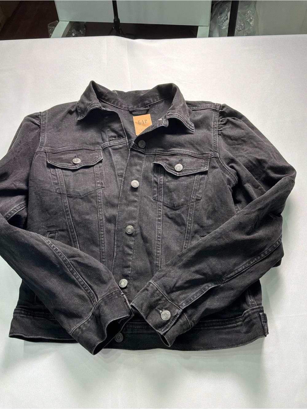 GAP Large Black Wash Denim Jean Jacket Stretch Trucker
